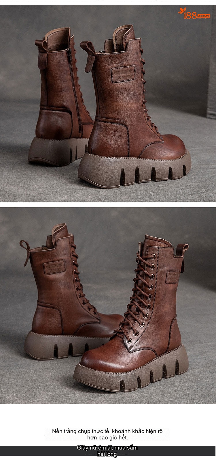 Giày Boot Martin Nữ Da Bò Cao Cổ Đế Bánh Mì Chiều Cao Đế Khoảng 5cm Lót Lông Màu Nâu, Đen chi tiết 11