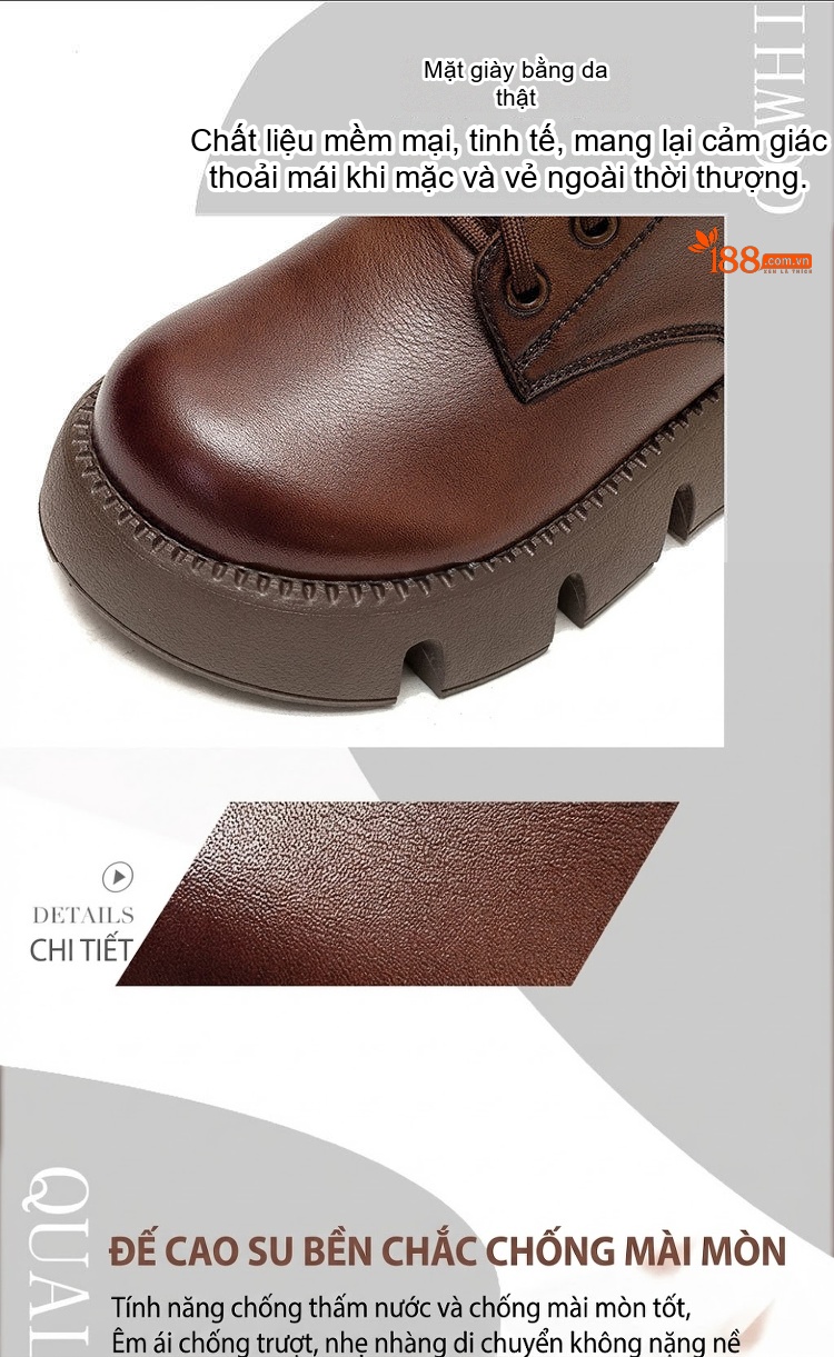 Giày Boot Martin Nữ Da Bò Cao Cổ Đế Bánh Mì Chiều Cao Đế Khoảng 5cm Lót Lông Màu Nâu, Đen chi tiết 2
