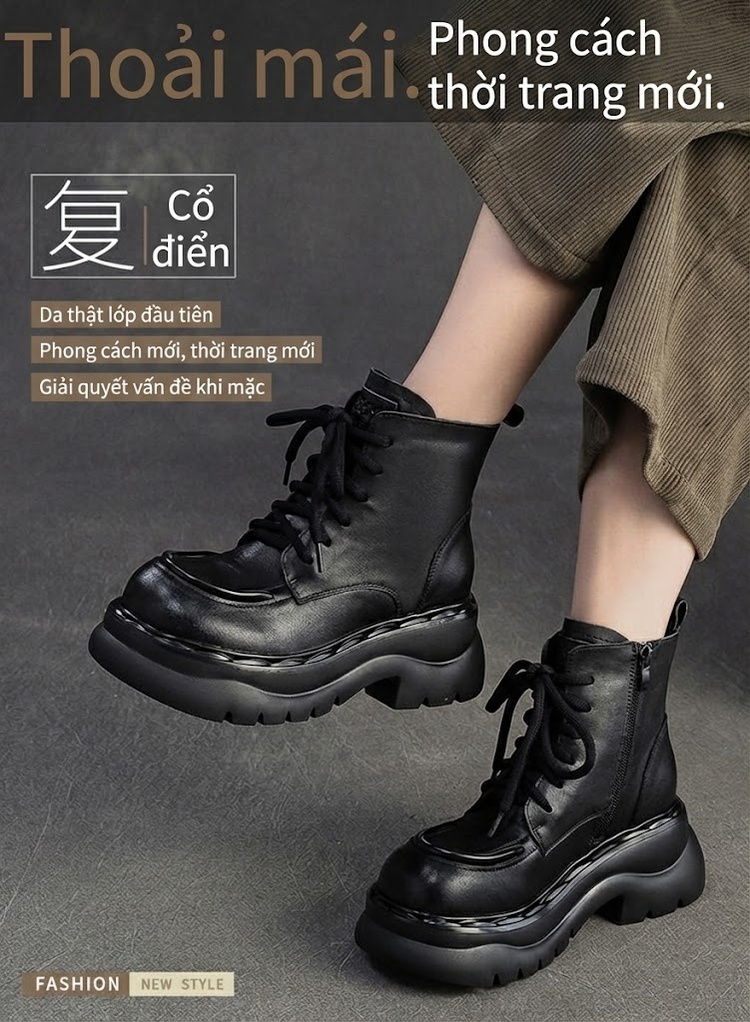 Giày Boot Martin Nữ Da Bò Cổ Cao Có Khóa Bên Hông Phong Cách Anh Quốc Chiều Cao Đế Khoảng 5cm Màu Đen, Nâu chi tiết 2
