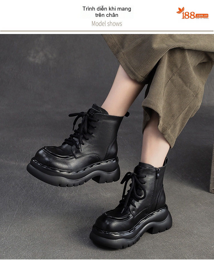 Giày Boot Martin Nữ Da Bò Cổ Cao Có Khóa Bên Hông Phong Cách Anh Quốc Chiều Cao Đế Khoảng 5cm Màu Đen, Nâu chi tiết 8