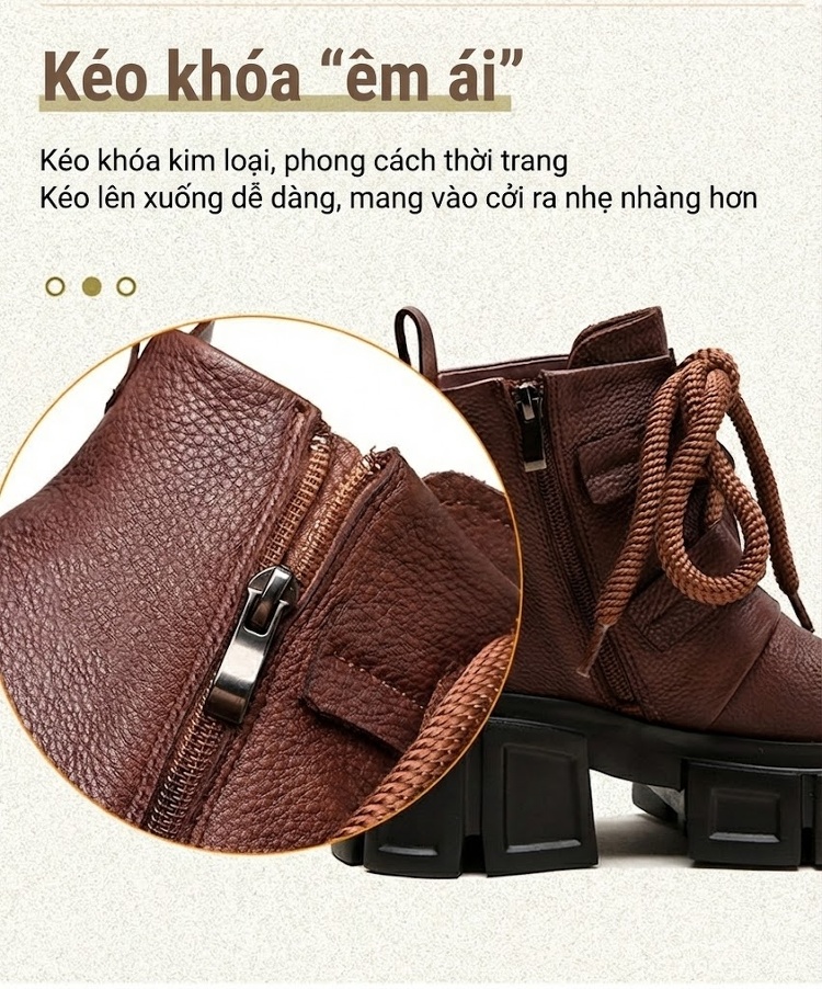 Giày Boot Martin Nữ Da Mờ Cổ Thấp Buộc Dây Chiều Cao Đế Khoảng 6cm Màu Đen, Nâu chi tiết 7
