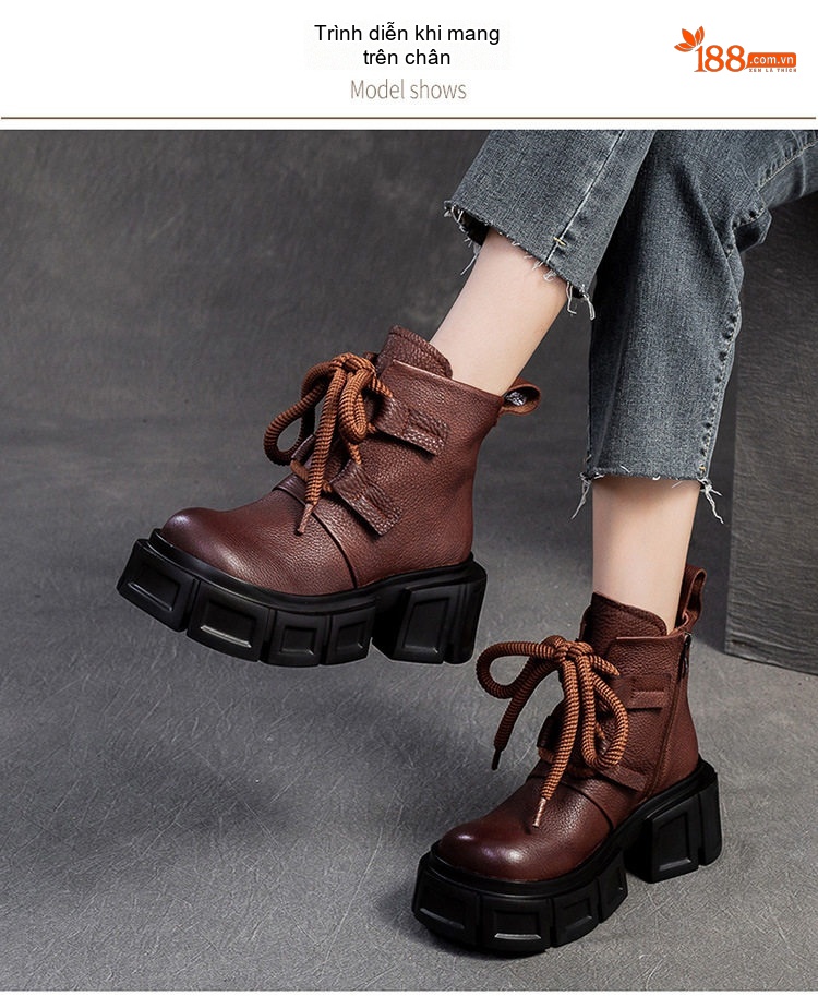 Giày Boot Martin Nữ Da Mờ Cổ Thấp Buộc Dây Chiều Cao Đế Khoảng 6cm Màu Đen, Nâu chi tiết 8