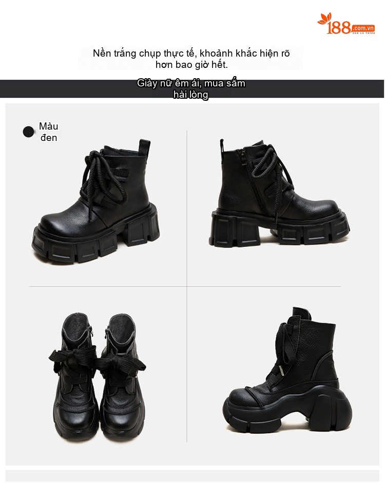Giày Boot Martin Nữ Da Mờ Cổ Thấp Buộc Dây Chiều Cao Đế Khoảng 6cm Màu Đen, Nâu chi tiết 17