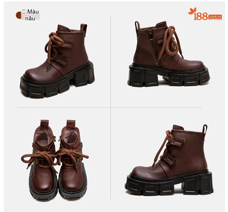 Giày Boot Martin Nữ Da Mờ Cổ Thấp Buộc Dây Chiều Cao Đế Khoảng 6cm Màu Đen, Nâu chi tiết 18