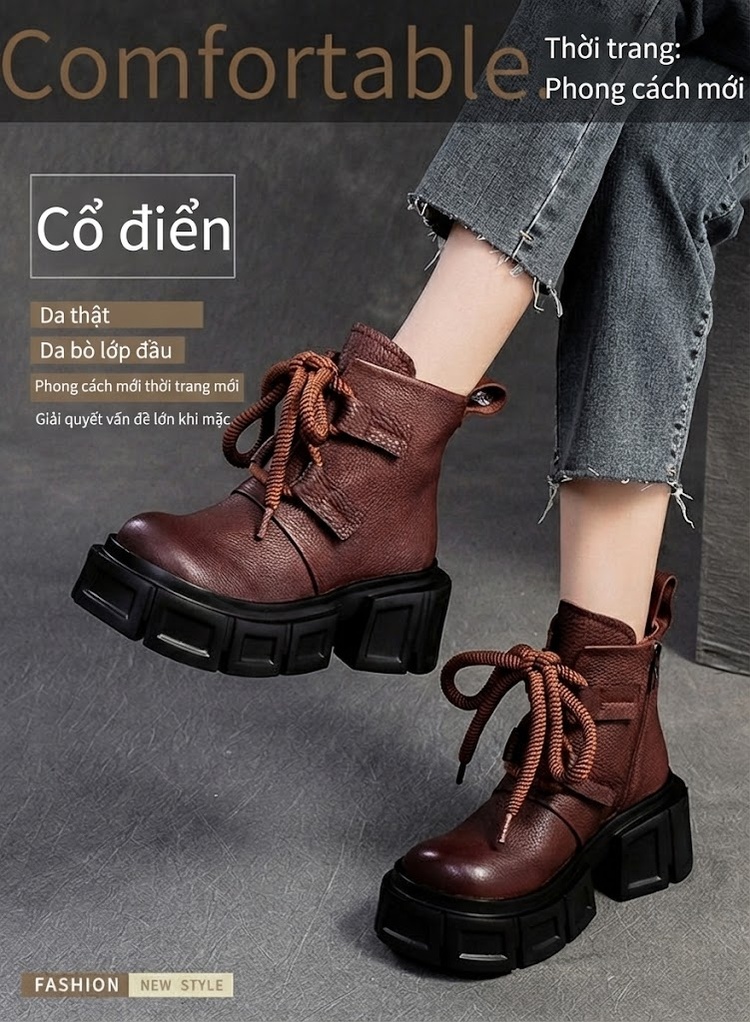 Giày Boot Martin Nữ Da Mờ Cổ Thấp Buộc Dây Chiều Cao Đế Khoảng 6cm Màu Đen, Nâu chi tiết 1