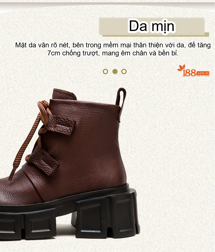 Giày Boot Martin Nữ Da Mờ Cổ Thấp Buộc Dây Chiều Cao Đế Khoảng 6cm Màu Đen, Nâu chi tiết 3