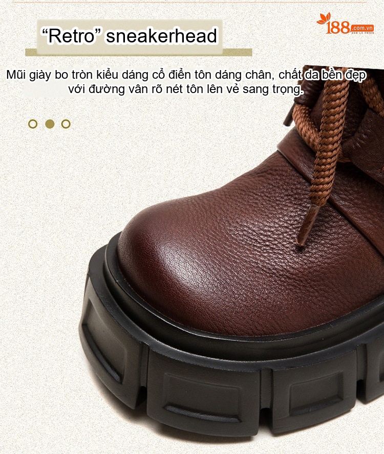 Giày Boot Martin Nữ Da Mờ Cổ Thấp Buộc Dây Chiều Cao Đế Khoảng 6cm Màu Đen, Nâu chi tiết 4