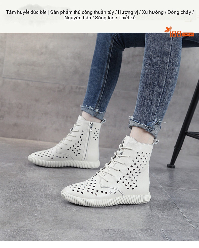 Giày Boot Martin Nữ Da Thật Lưới Thoáng Khí Chiều Cao Đế Khoảng 3cm Màu Đen, Trắng chi tiết 1