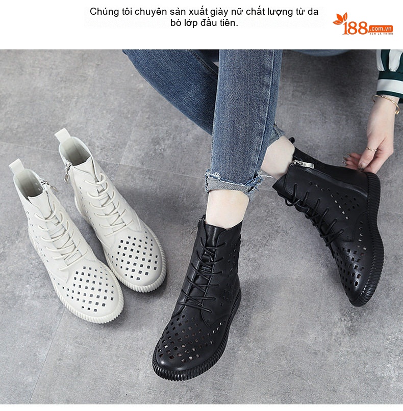 Giày Boot Martin Nữ Da Thật Lưới Thoáng Khí Chiều Cao Đế Khoảng 3cm Màu Đen, Trắng chi tiết 2