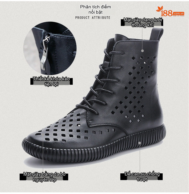 Giày Boot Martin Nữ Da Thật Lưới Thoáng Khí Chiều Cao Đế Khoảng 3cm Màu Đen, Trắng chi tiết 3
