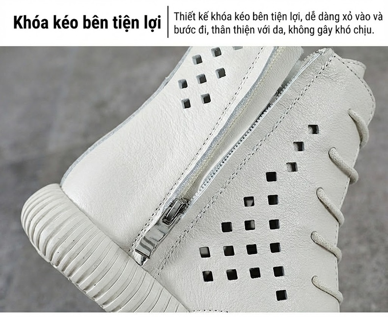 Giày Boot Martin Nữ Da Thật Lưới Thoáng Khí Chiều Cao Đế Khoảng 3cm Màu Đen, Trắng chi tiết 6