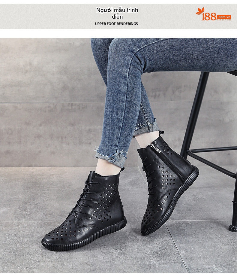 Giày Boot Martin Nữ Da Thật Lưới Thoáng Khí Chiều Cao Đế Khoảng 3cm Màu Đen, Trắng chi tiết 9