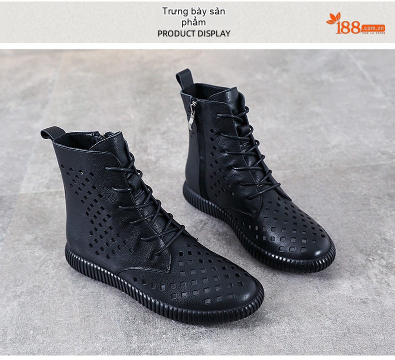 Giày Boot Martin Nữ Da Thật Lưới Thoáng Khí Chiều Cao Đế Khoảng 3cm Màu Đen, Trắng chi tiết 10