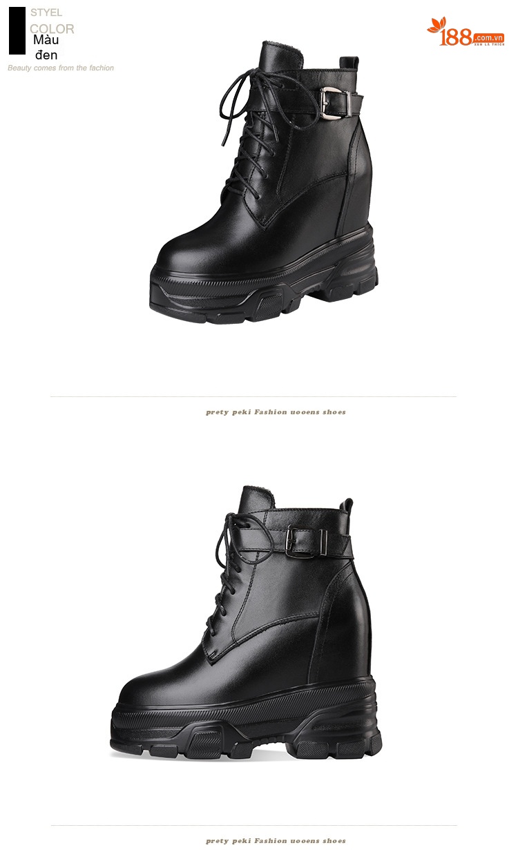 Giày Boot Martin Nữ Da Thật Tăng Chiều Cao Bên Trong Phong Cách Anh Quốc Chiều Cao Đế Khoảng 7cm Màu Đen, Trắng chi tiết 9