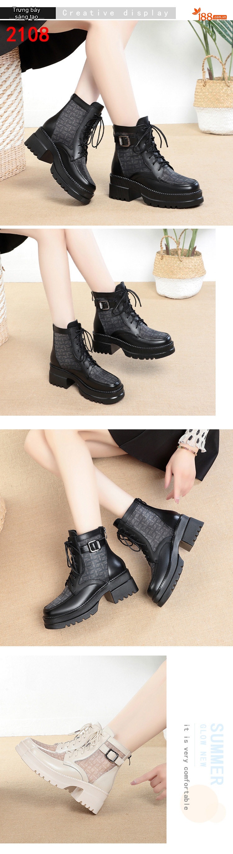 Giày Boot Martin Nữ Vải Lưới Thoáng Khí Gót Vuông Chiều Cao Đế Khoảng 5cm Màu Đen, Kem chi tiết 4