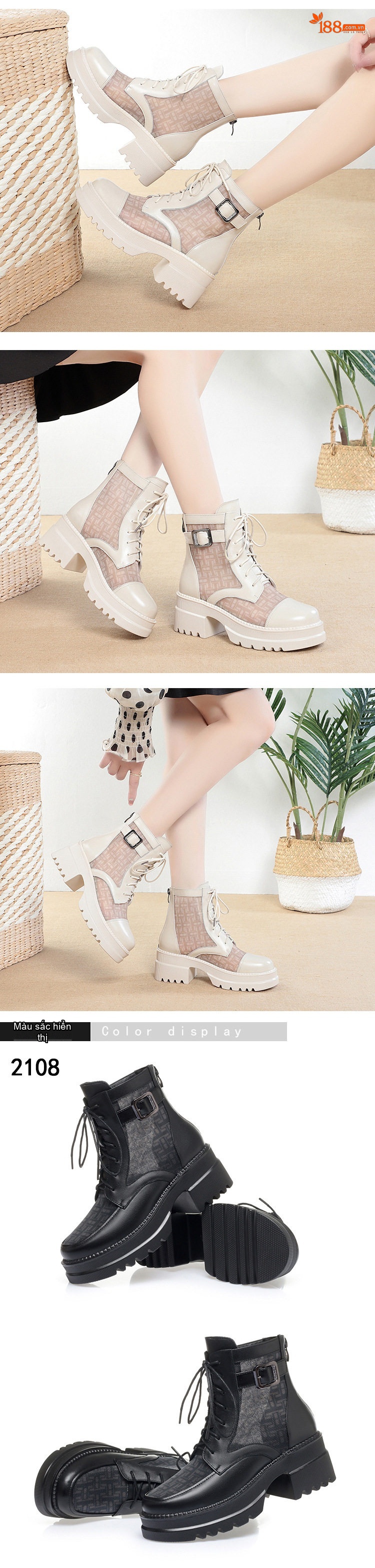 Giày Boot Martin Nữ Vải Lưới Thoáng Khí Gót Vuông Chiều Cao Đế Khoảng 5cm Màu Đen, Kem chi tiết 6