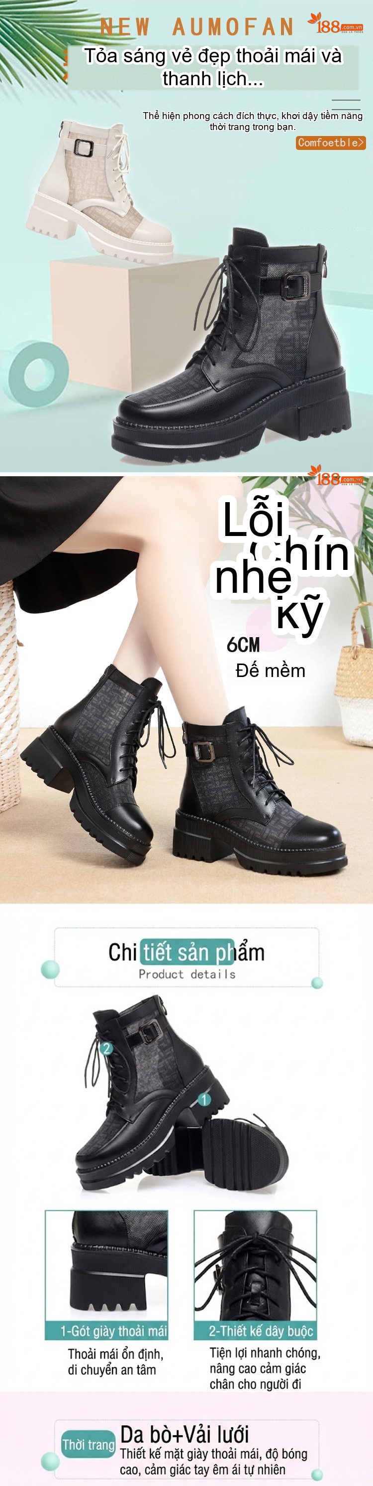 Giày Boot Martin Nữ Vải Lưới Thoáng Khí Gót Vuông Chiều Cao Đế Khoảng 5cm Màu Đen, Kem chi tiết 1