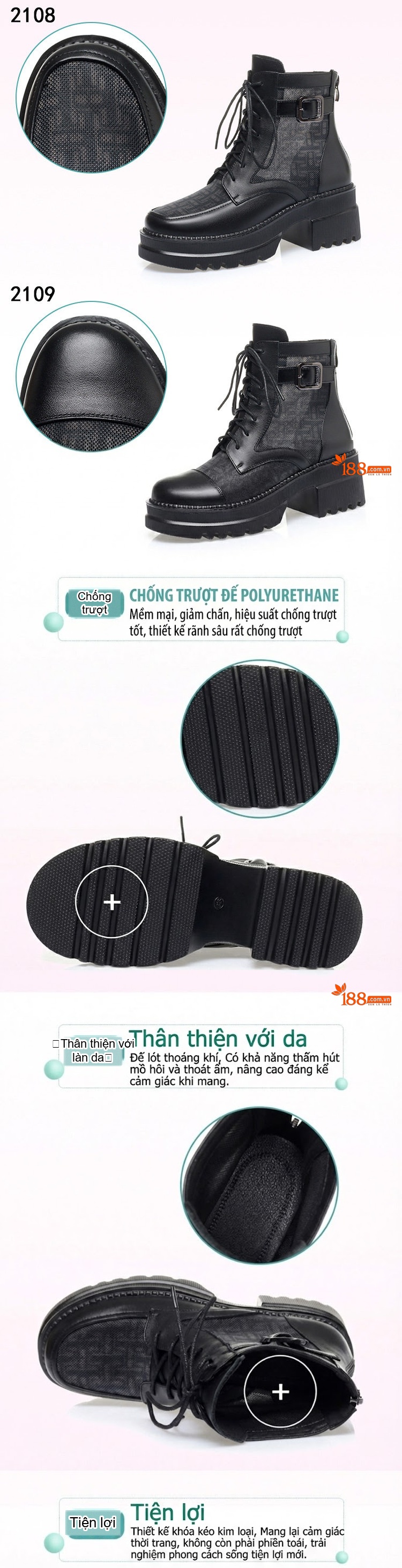 Giày Boot Martin Nữ Vải Lưới Thoáng Khí Gót Vuông Chiều Cao Đế Khoảng 5cm Màu Đen, Kem chi tiết 2