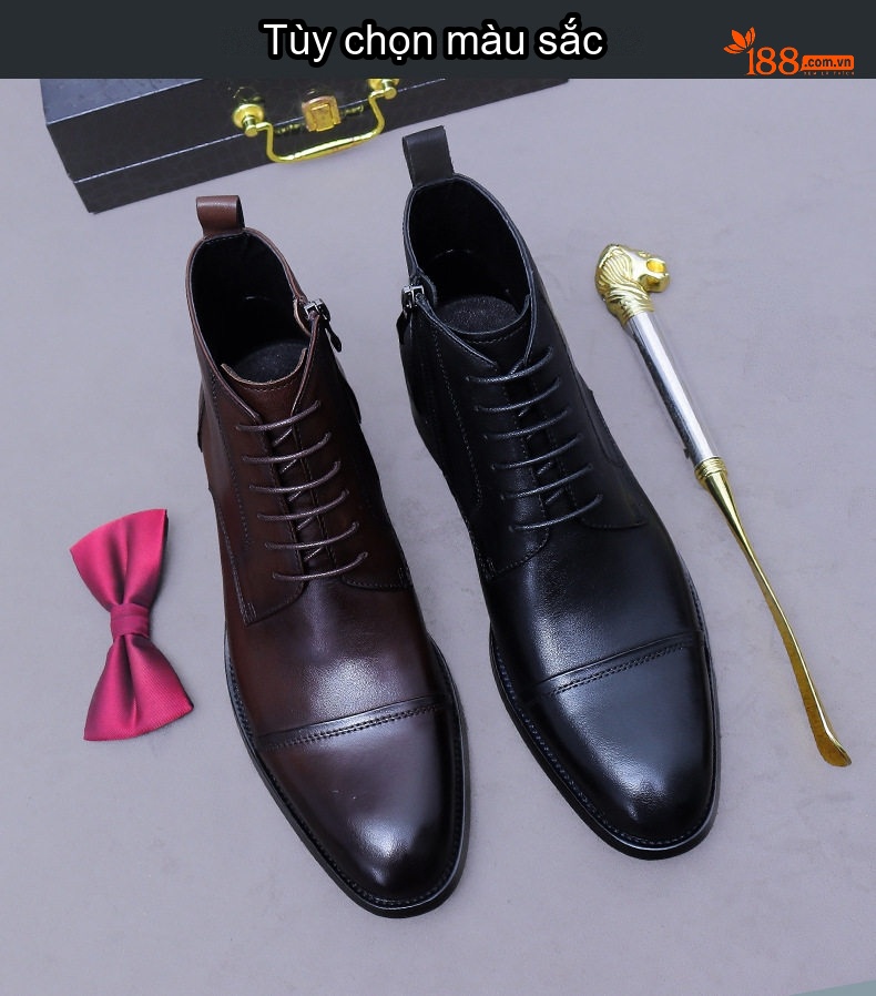 Giày Boot Nam Cao Cổ Da Bóng Buộc Dây Khóa Kéo Chiều Cao Đế Khoảng 3cm Màu Đen, Nâu chi tiết 2