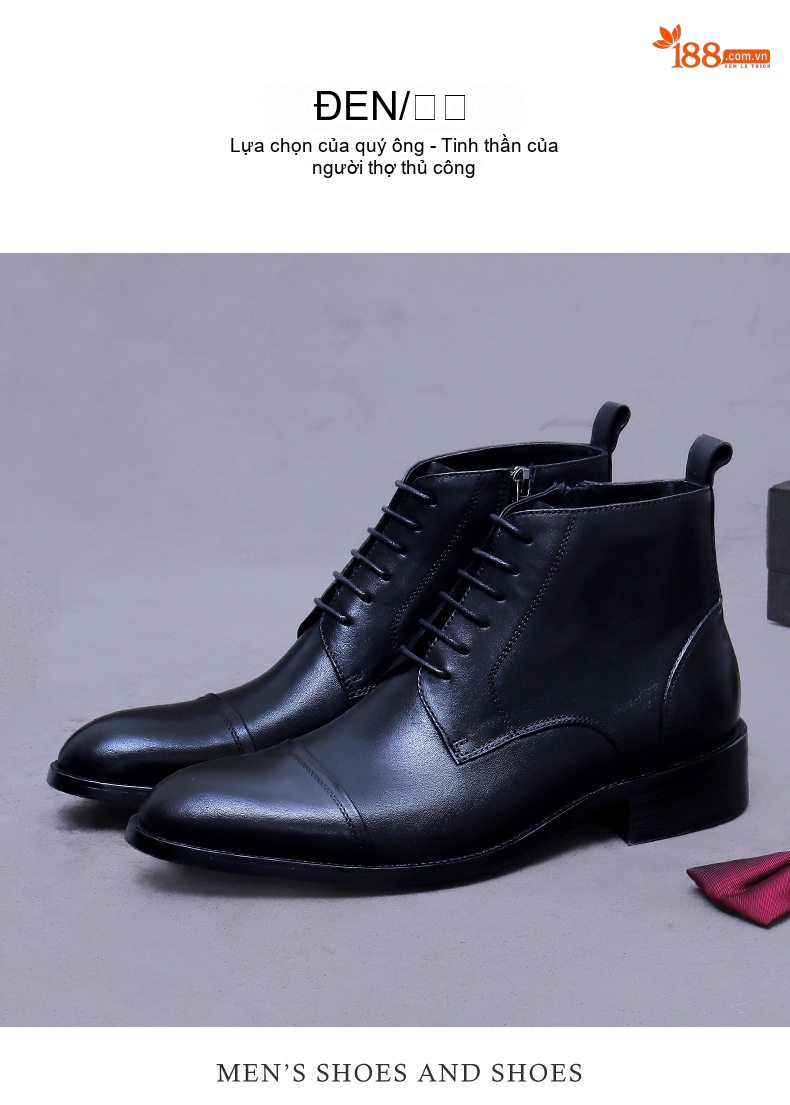 Giày Boot Nam Cao Cổ Da Bóng Buộc Dây Khóa Kéo Chiều Cao Đế Khoảng 3cm Màu Đen, Nâu chi tiết 4