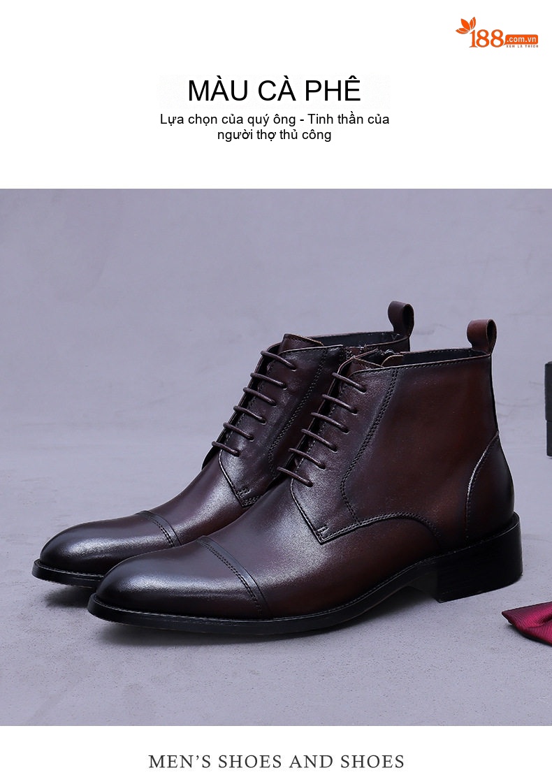 Giày Boot Nam Cao Cổ Da Bóng Buộc Dây Khóa Kéo Chiều Cao Đế Khoảng 3cm Màu Đen, Nâu chi tiết 11