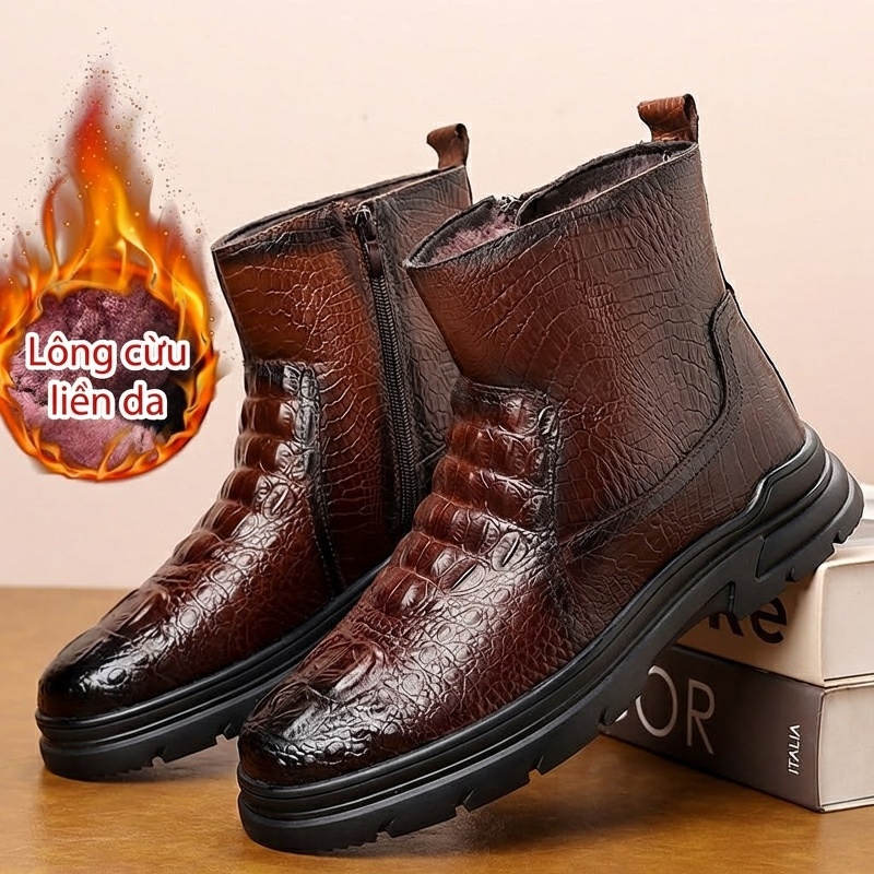 Giày Boot Nam Cao Cổ Da Bóng Lót Lông Đế Cao 4cm