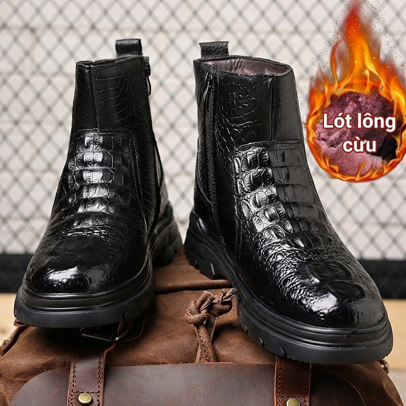 Giày Boot Nam Cao Cổ Da Bóng Lót Lông Đế Cao 4cm