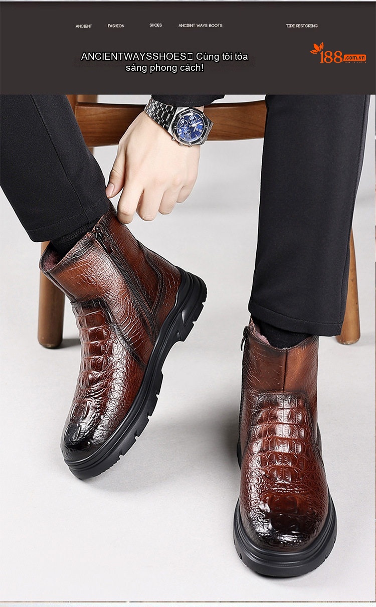 Giày Boot Nam Cao Cổ Da Bóng Lót Lông Đế Cao 4cm chi tiết 7