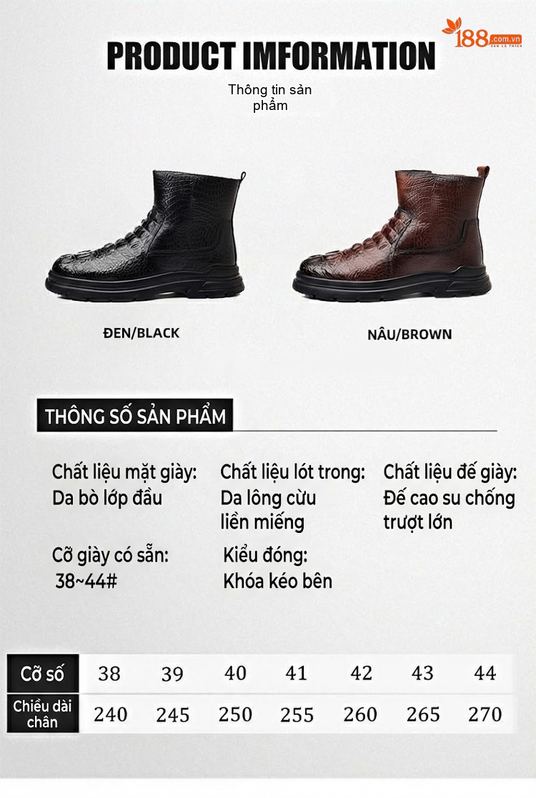 Giày Boot Nam Cao Cổ Da Bóng Lót Lông Đế Cao 4cm chi tiết 8