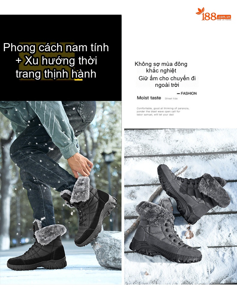 Giày Boot Nam Cao Cổ Lót Lông Giữ Ấm Đi Tuyết Chiều Cao Đế Khoảng 4cm Màu Đen, Xám chi tiết 2