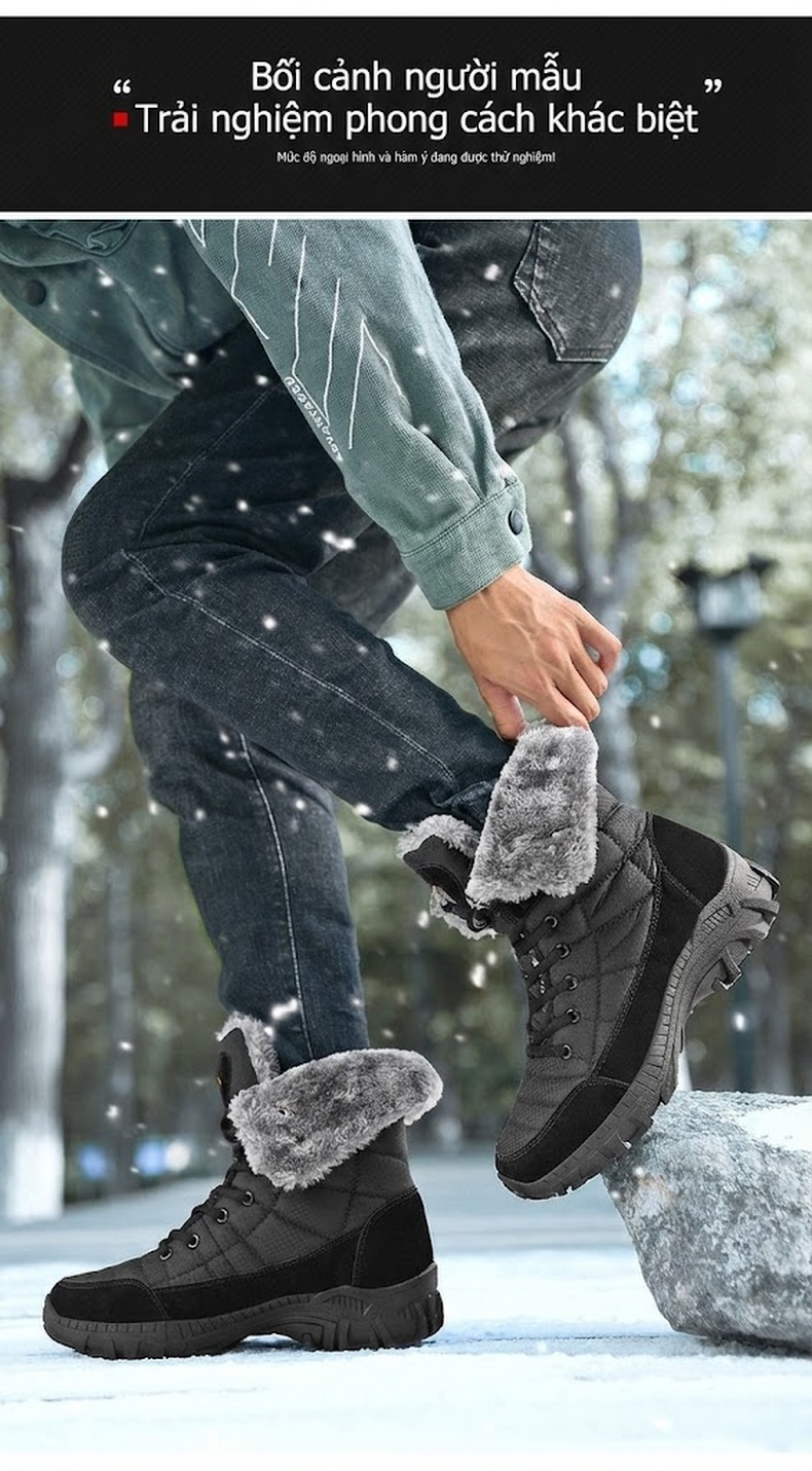 Giày Boot Nam Cao Cổ Lót Lông Giữ Ấm Đi Tuyết Chiều Cao Đế Khoảng 4cm Màu Đen, Xám chi tiết 9