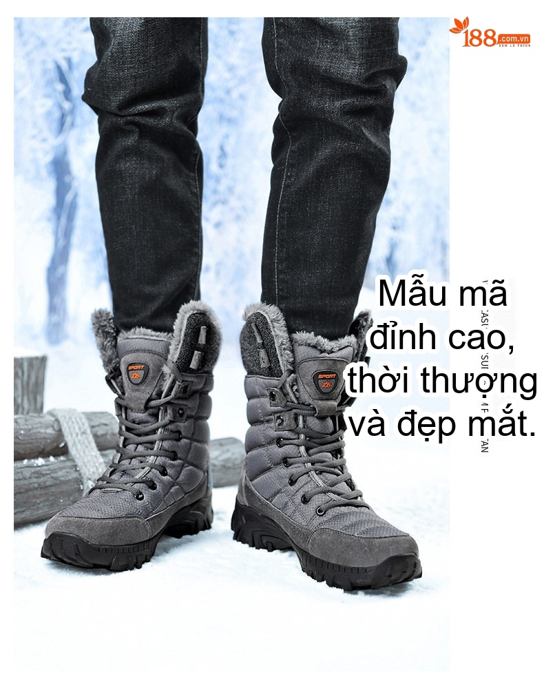 Giày Boot Nam Cao Cổ Lót Lông Giữ Ấm Đi Tuyết Chiều Cao Đế Khoảng 4cm Màu Đen, Xám chi tiết 16