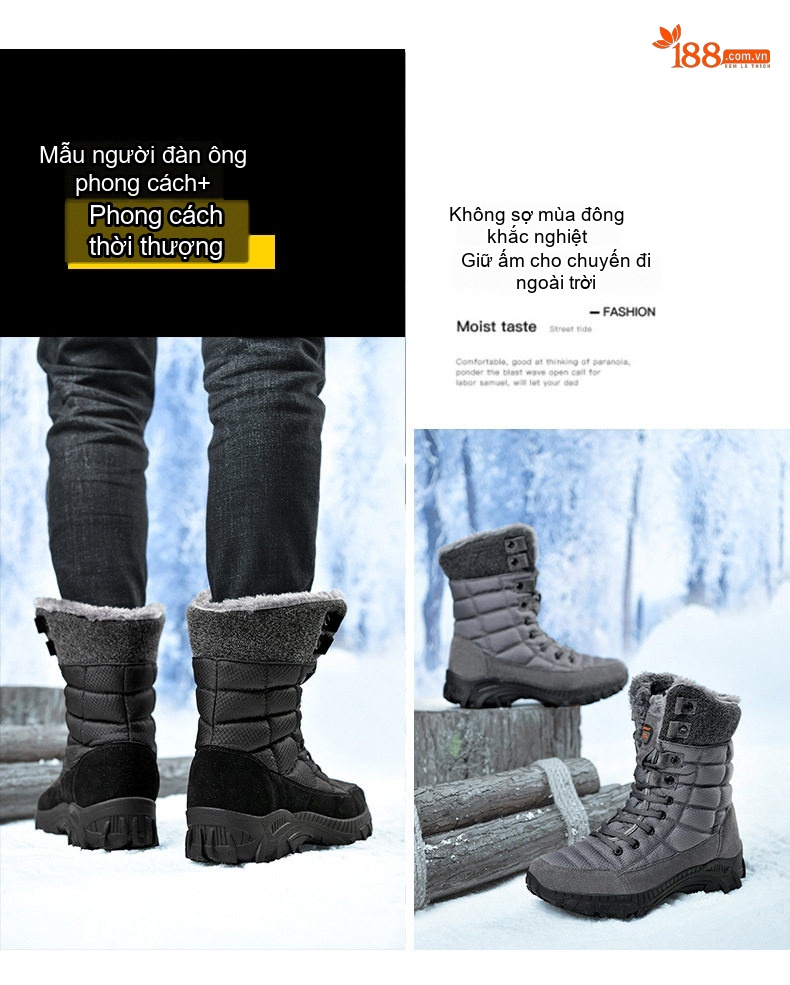 Giày Boot Nam Cao Cổ Lót Lông Giữ Ấm Đi Tuyết Chiều Cao Đế Khoảng 4cm Màu Đen, Xám chi tiết 18