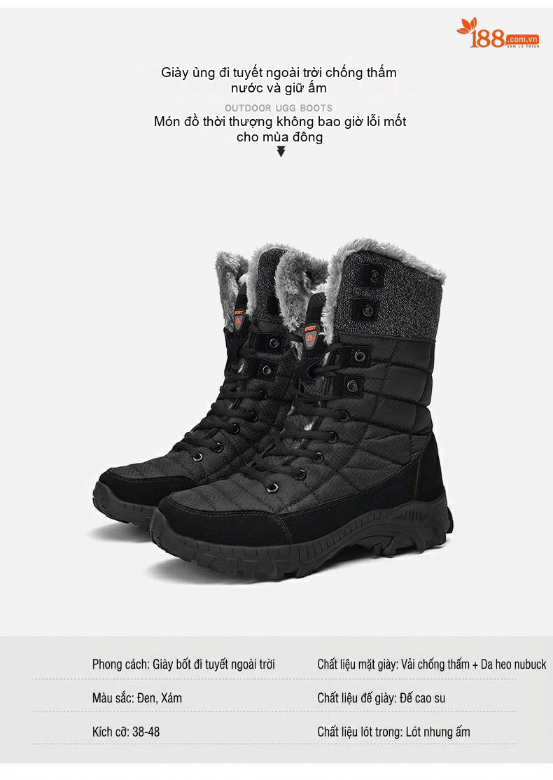 Giày Boot Nam Cao Cổ Lót Lông Giữ Ấm Đi Tuyết Chiều Cao Đế Khoảng 4cm Màu Đen, Xám chi tiết 4