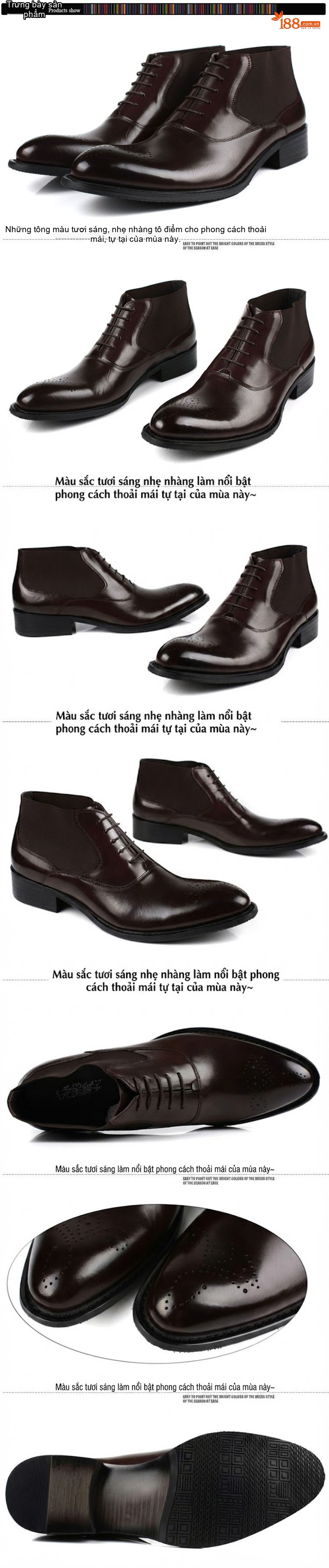 Giày Boot Nam Cổ Cao Da Bóng Buộc Dây Chiều Cao Đế Khoảng 3cm Màu Đen, Nâu chi tiết 1