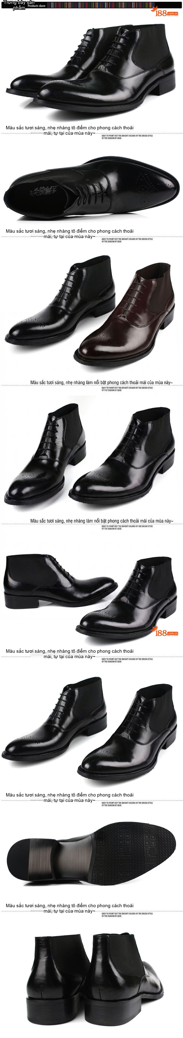 Giày Boot Nam Cổ Cao Da Bóng Buộc Dây Chiều Cao Đế Khoảng 3cm Màu Đen, Nâu chi tiết 2