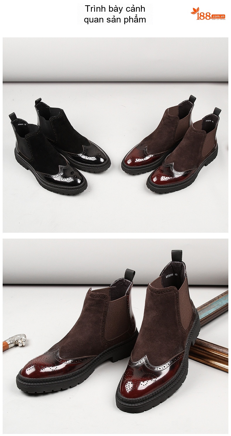 Giày Boot Nam Cổ Cao Da Mờ Brogue Hoa Văn Chelsea Chiều Cao Đế Khoảng 4cm Màu Nâu, Đen chi tiết 1