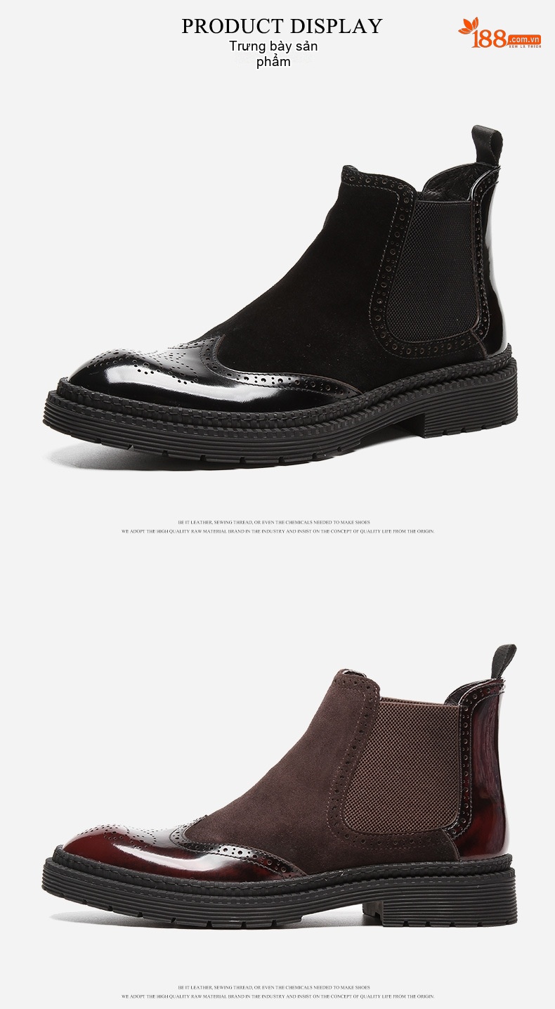 Giày Boot Nam Cổ Cao Da Mờ Brogue Hoa Văn Chelsea Chiều Cao Đế Khoảng 4cm Màu Nâu, Đen chi tiết 7