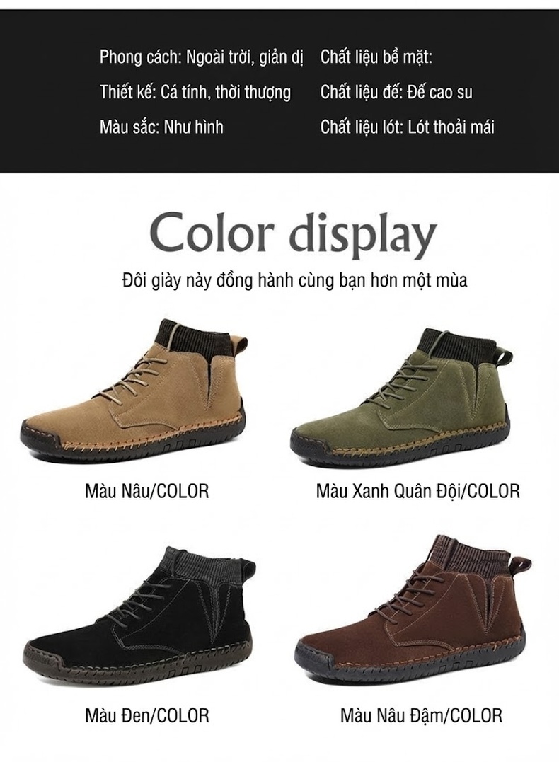 Giày Boot Nam Cổ Cao Da Mờ Buộc Dây Chiều Cao Đế Khoảng 3cm Màu Nâu, Đen, Xanh Rêu, Vàng Be... chi tiết 4