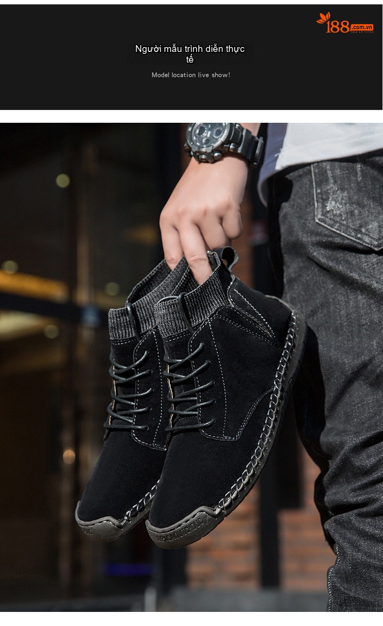 Giày Boot Nam Cổ Cao Da Mờ Buộc Dây Chiều Cao Đế Khoảng 3cm Màu Nâu, Đen, Xanh Rêu, Vàng Be... chi tiết 10