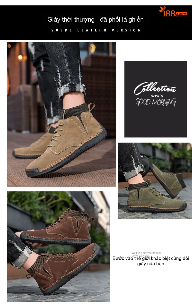 Giày Boot Nam Cổ Cao Da Mờ Buộc Dây Chiều Cao Đế Khoảng 3cm Màu Nâu, Đen, Xanh Rêu, Vàng Be... chi tiết 2