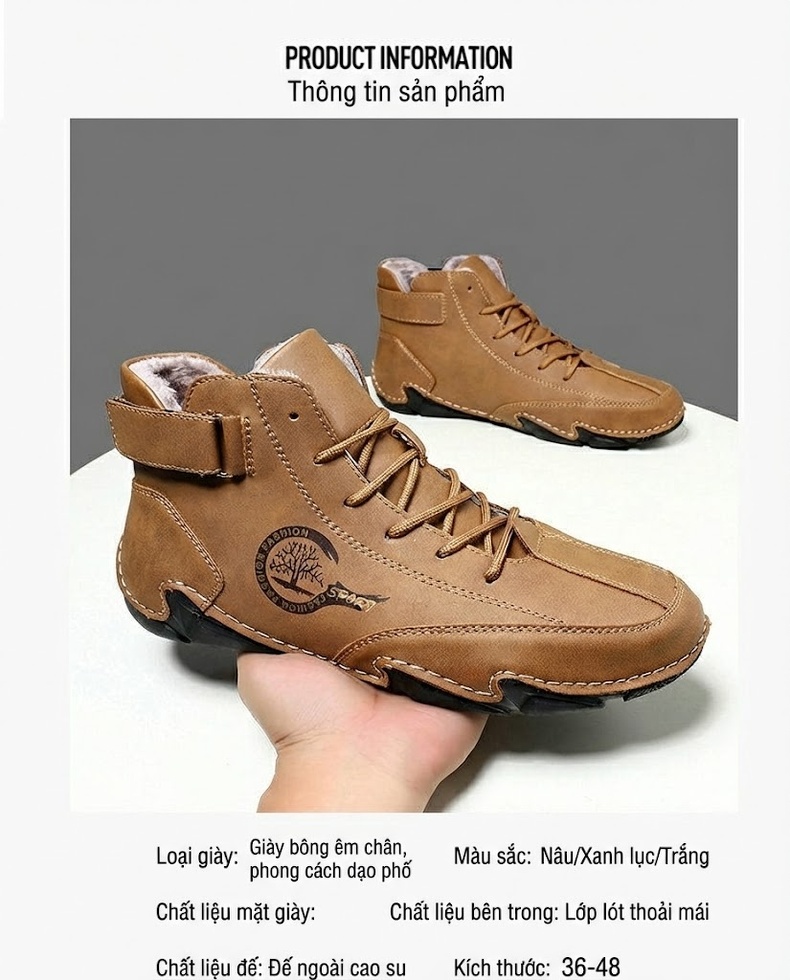 Giày Boot Nam Cổ Cao Da Mờ Lót Lông Chiều Cao Đế Khoảng 3cm Màu Nâu, Trắng, Xanh... chi tiết 3