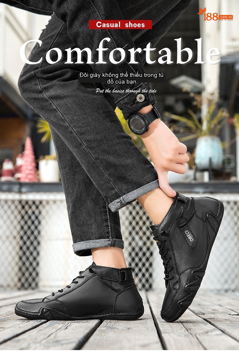 Giày Boot Nam Cổ Cao Da Thật Phong Cách Casual Chiều Cao Đế Khoảng 3cm Màu Nâu, Đen, Xám chi tiết 1