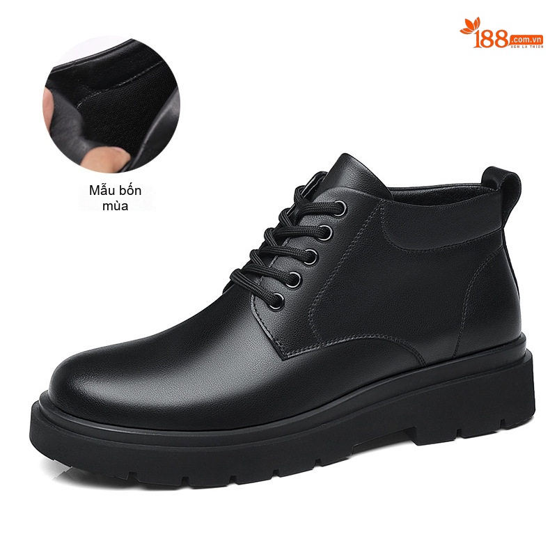 Giày Boot Nam Cổ Lửng Da Bóng Buộc Dây Chiều Cao Đế Khoảng 4cm Màu Đen