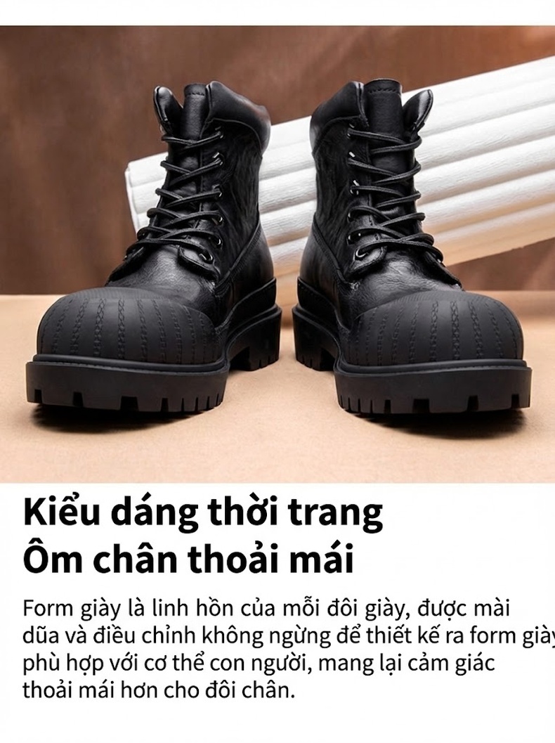 Giày boot nam cổ ngắn đế dày phong cách retro phối da chi tiết 3