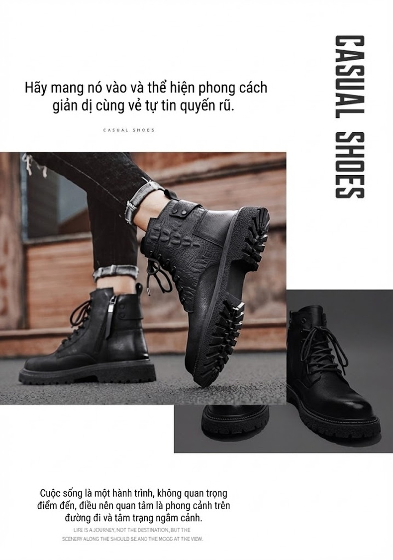 Giày Boot Nam Da Bò Cao Cổ Giày Công Sở Martin Chiều Cao Đế Khoảng 3cm Màu Đen chi tiết 2