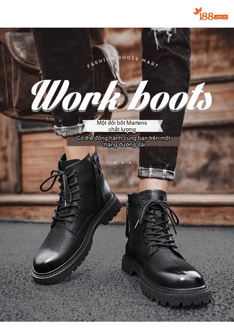 Giày Boot Nam Da Bò Cao Cổ Giày Công Sở Martin Chiều Cao Đế Khoảng 3cm Màu Đen chi tiết 3