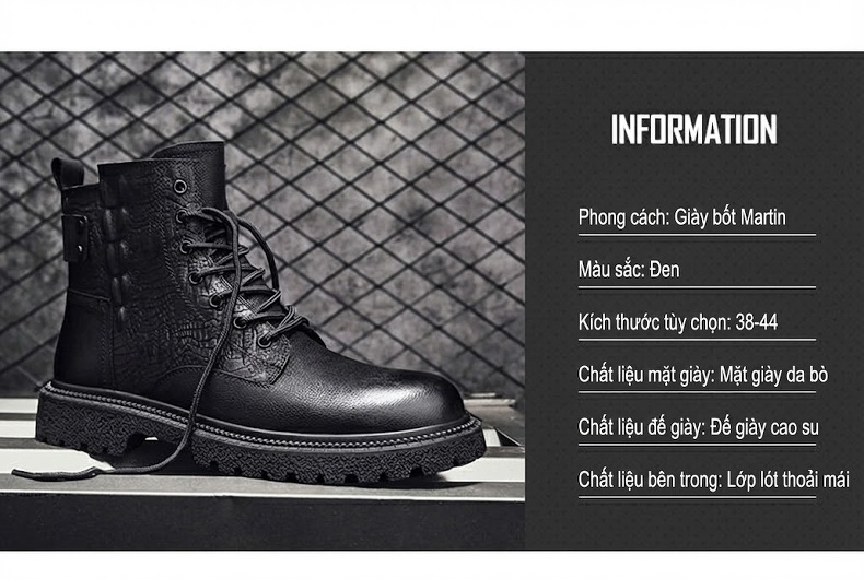 Giày Boot Nam Da Bò Cao Cổ Giày Công Sở Martin Chiều Cao Đế Khoảng 3cm Màu Đen chi tiết 5