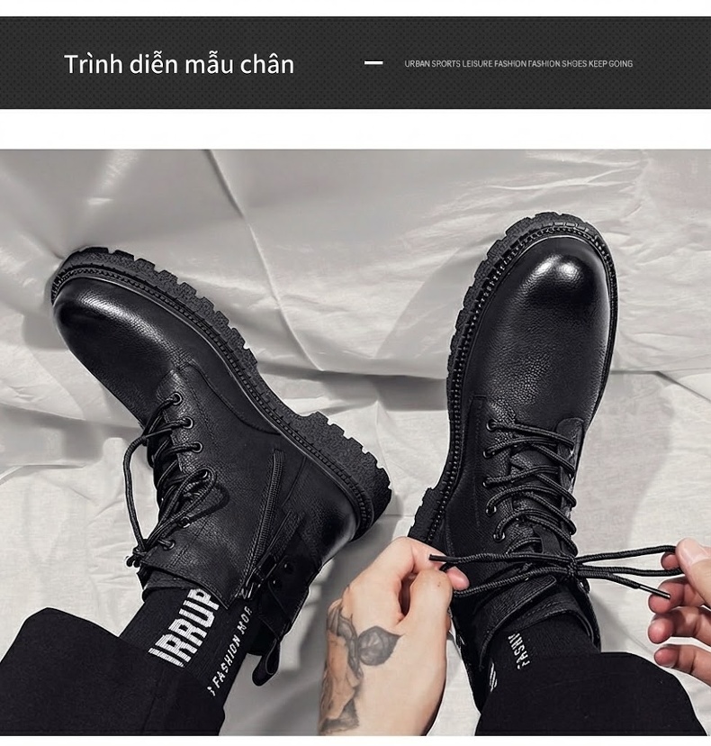 Giày Boot Nam Da Bò Cao Cổ Giày Công Sở Martin Chiều Cao Đế Khoảng 3cm Màu Đen chi tiết 10