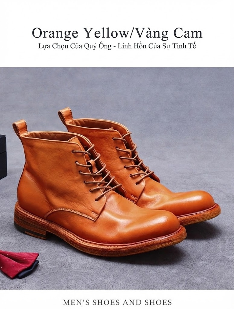 Giày Boot Nam Da Bò Cổ Cao Buộc Dây Chiều Cao Đế Khoảng 3cm Màu Nâu chi tiết 3